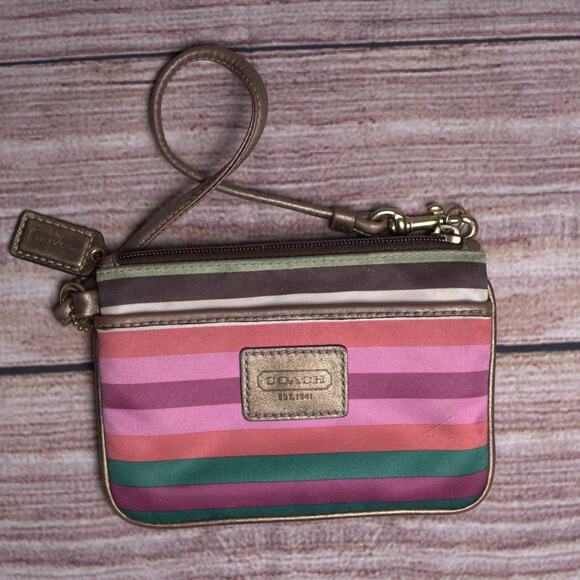 Coach Handbags - COACH Satin Striped Wristlet w/ Rose Gold Trim and Charm Gpold Hardware Y2K